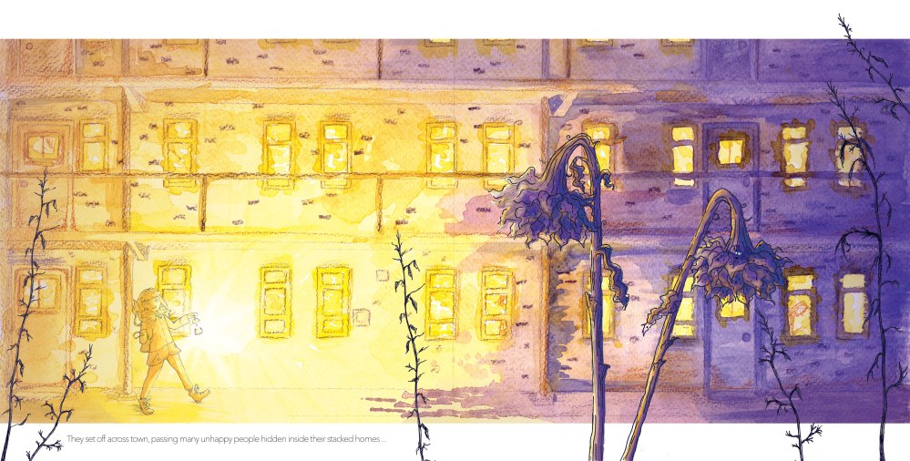 They set off across town passing many unhappy people in their stacked homes